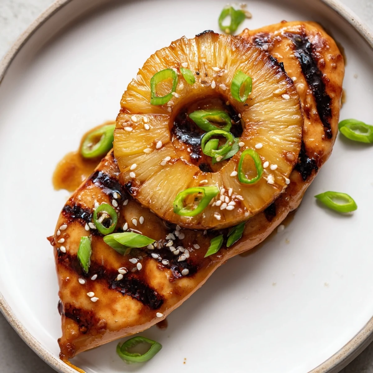 Smoky Grilled Aloha Chicken resting on coconut rice, garnished with scallions.