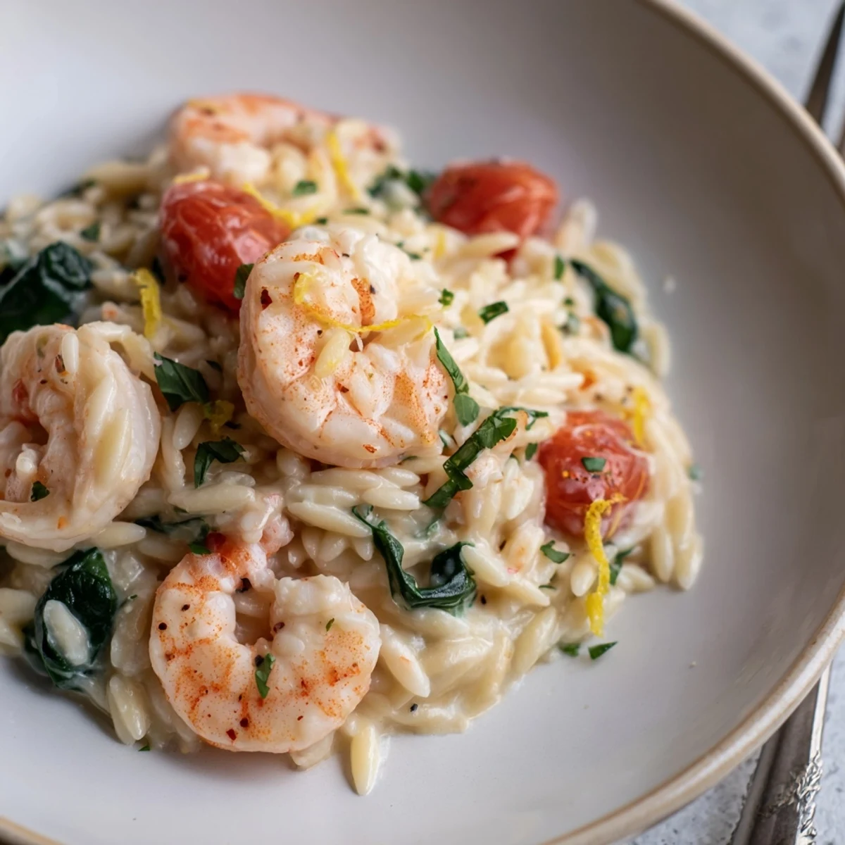 One pan Creamy Shrimp Orzo Recipe with silky sauce, lemon zest garnish