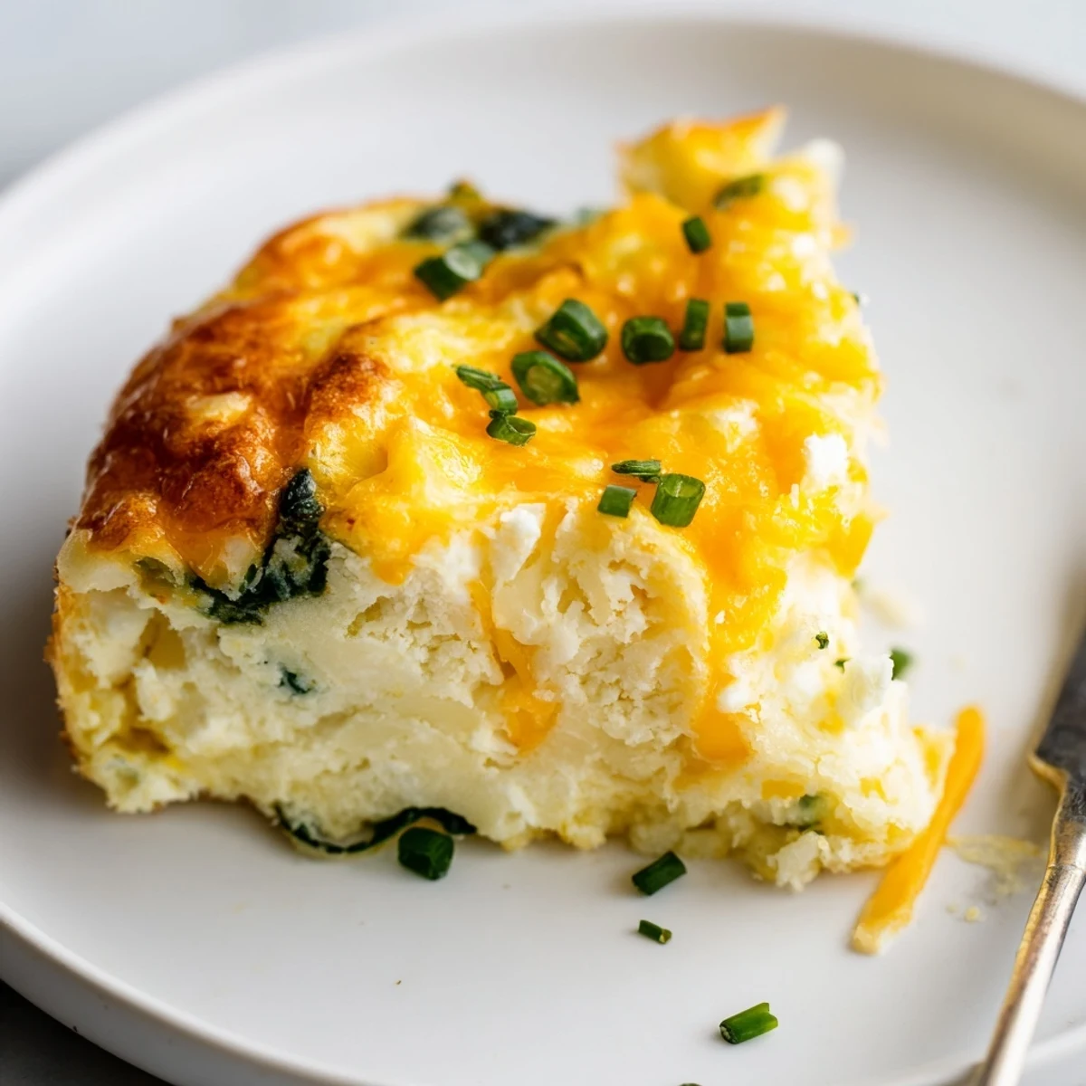 Slice of Cheesy Cottage Cheese Eggcloud Bake on plate with roasted tomatoes