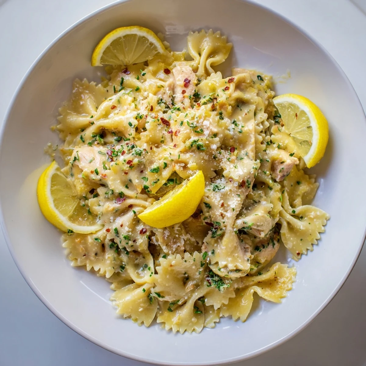 Creamy Cowboy Butter Lemon Bowtie Chicken tossed with herbs and Parmesan  