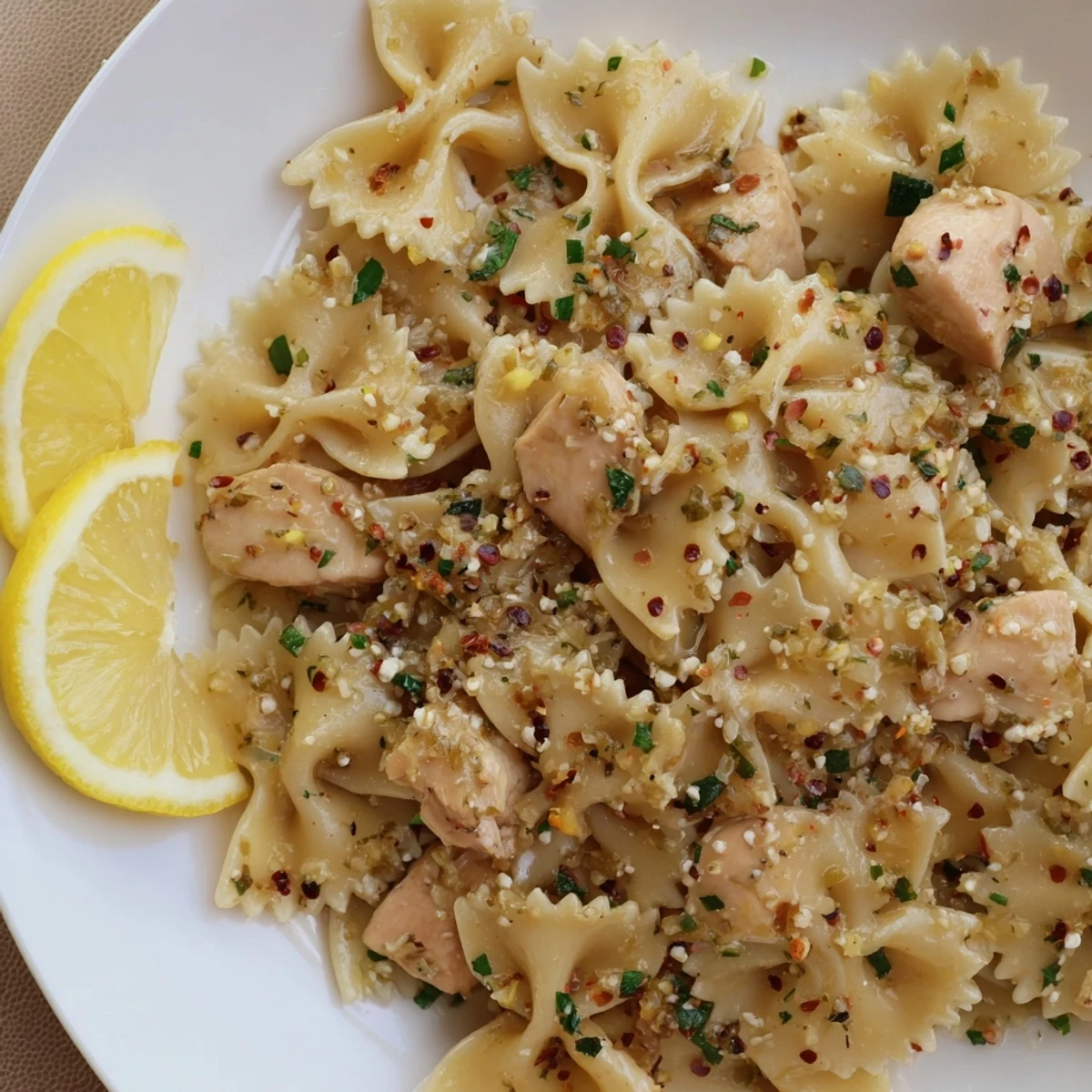 Cowboy Butter Lemon Bowtie Chicken steaming in skillet, bright lemon aroma  