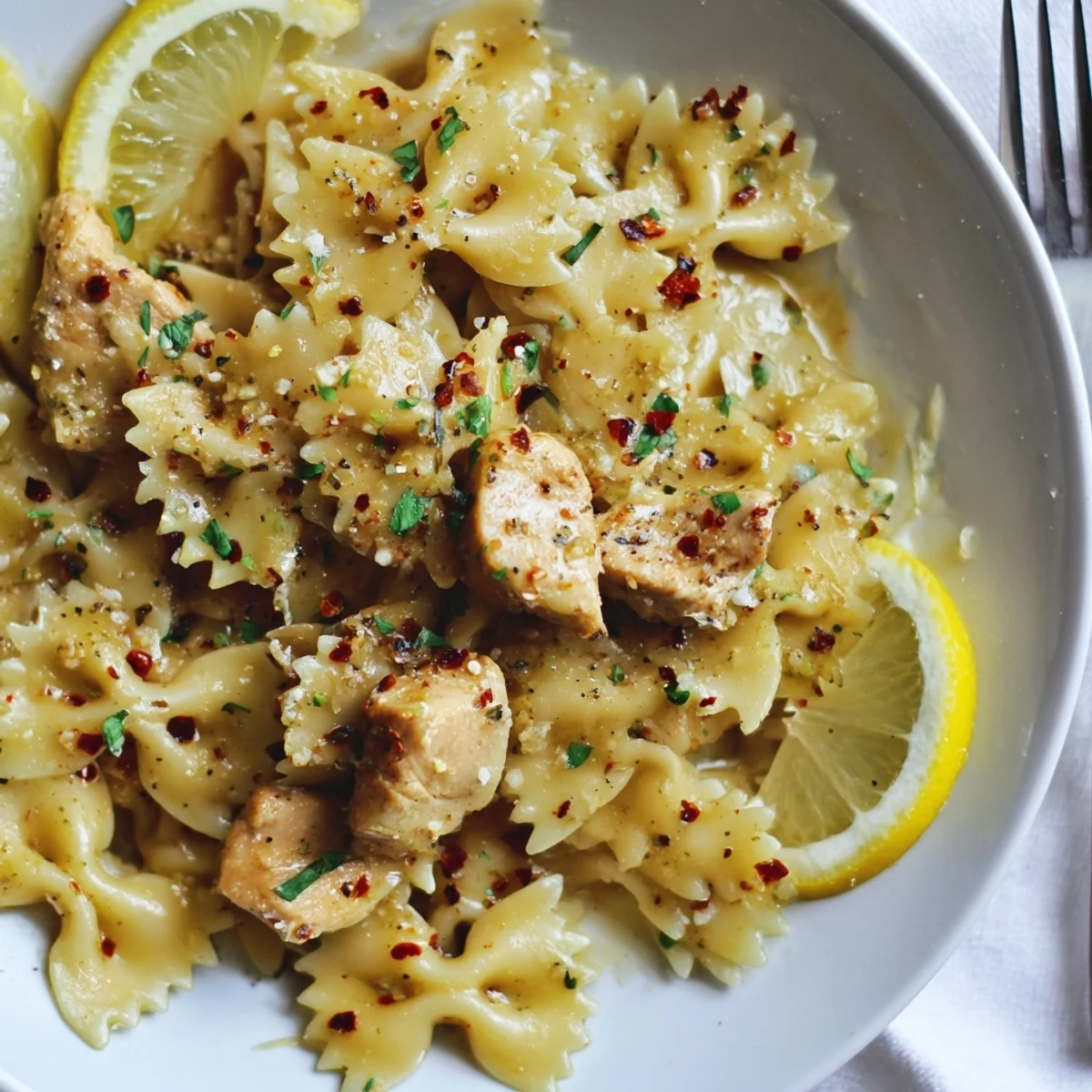 Weeknight Cowboy Butter Lemon Bowtie Chicken plated with lemon wedges, fresh chives