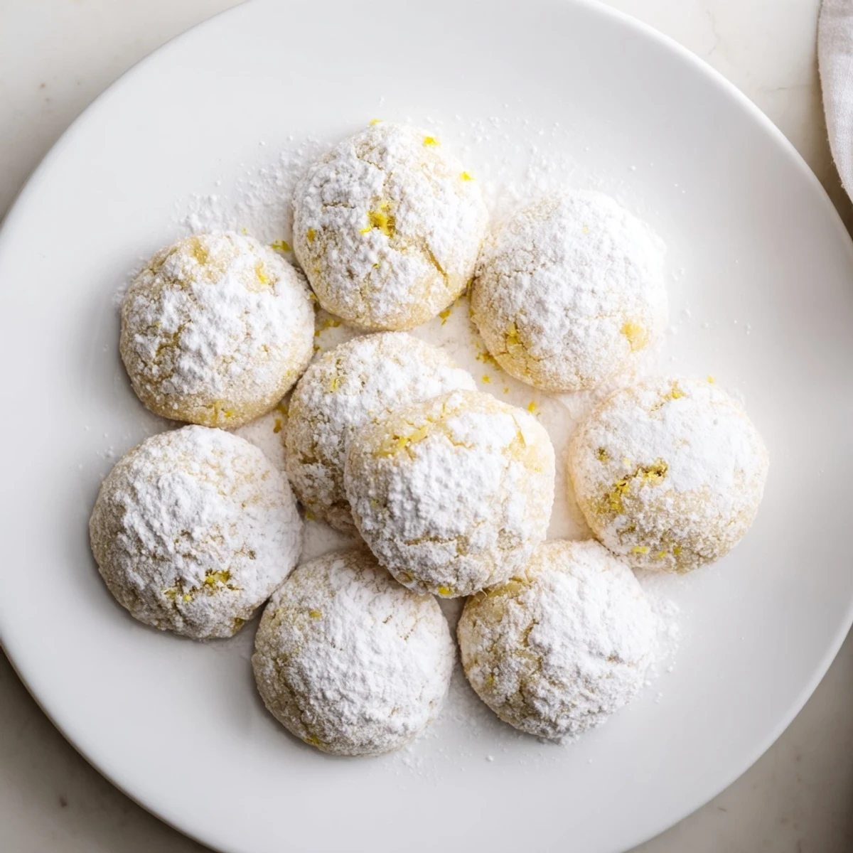 Soft lemon pixie cookies dusted with white powdered sugar on a white plate