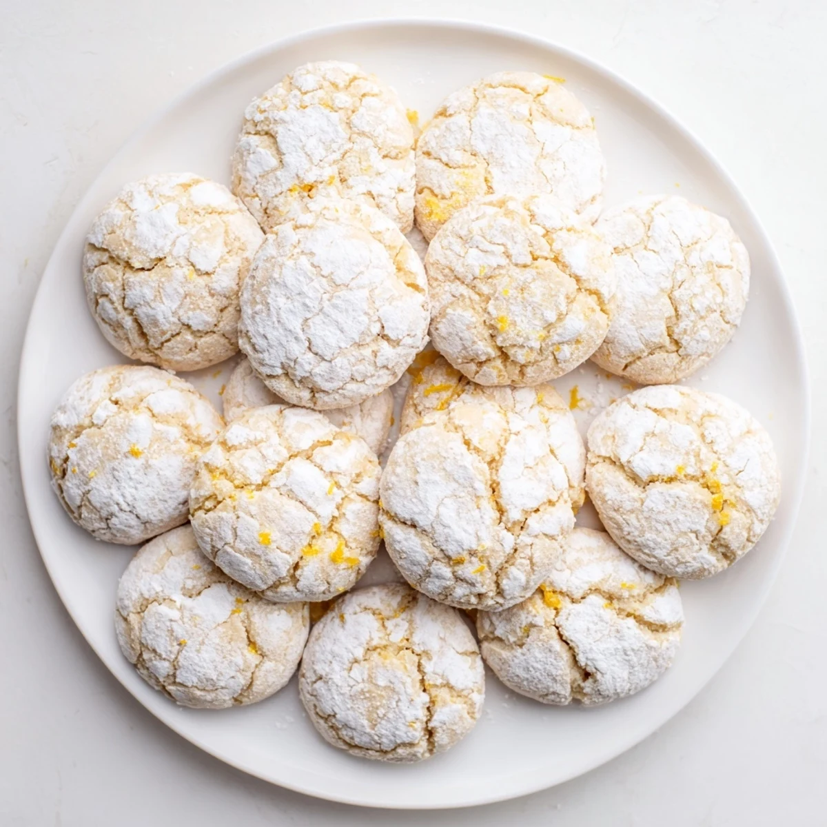 Chewy lemon pixie cookies stacked on a wooden board with powdered sugar coating