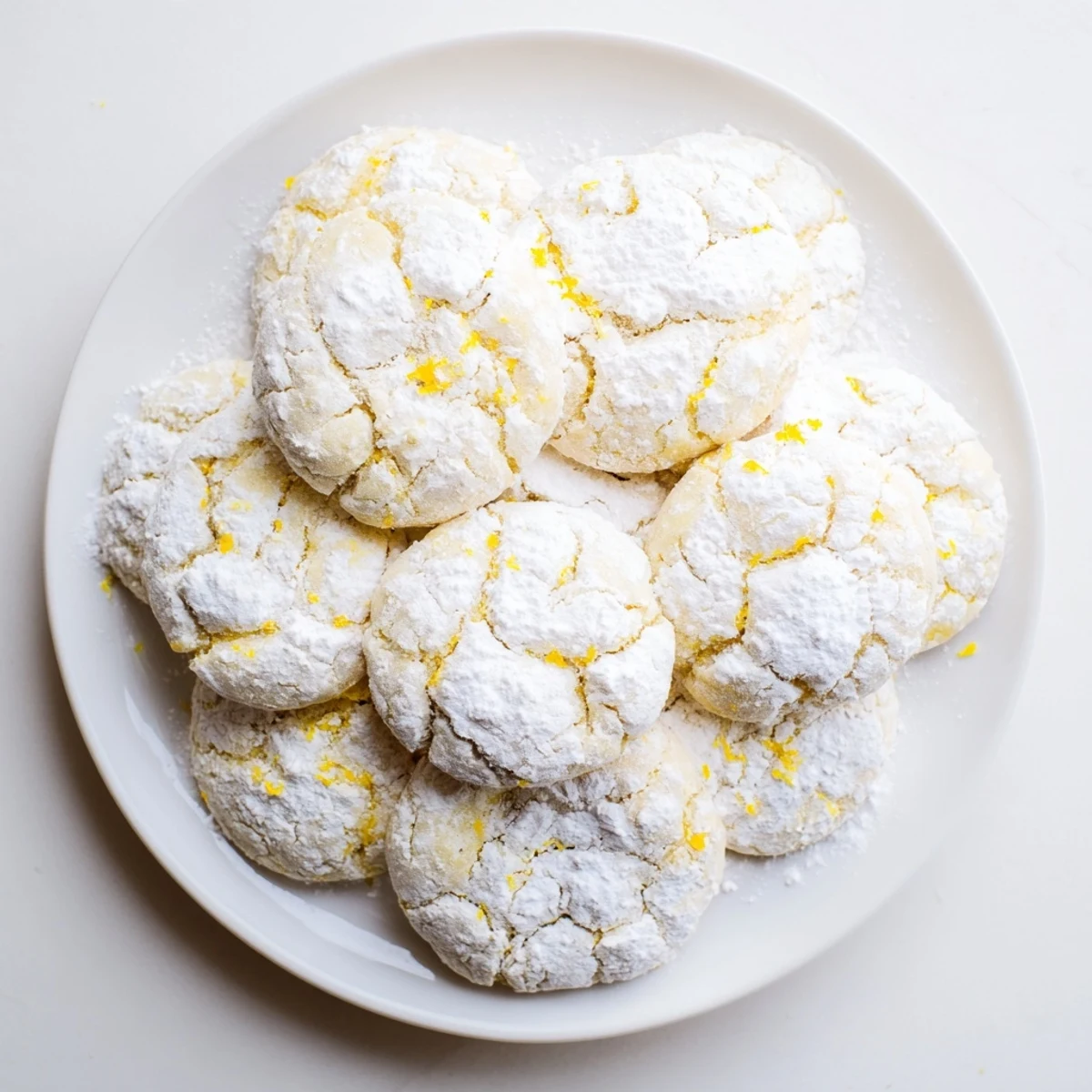 Golden lemon pixie cookies cooling on a wire rack with sugary white coating