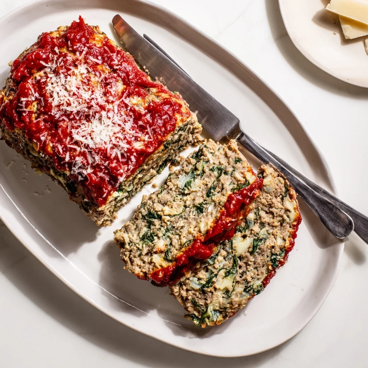 Golden baked Italian spinach mozzarella meatloaf topped with marinara and melted cheese