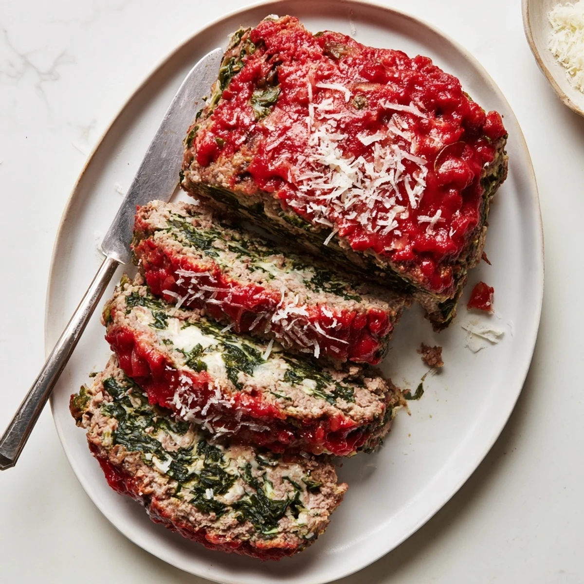 Juicy Italian spinach mozzarella meatloaf loaf drizzled with marinara sauce and basil garnish