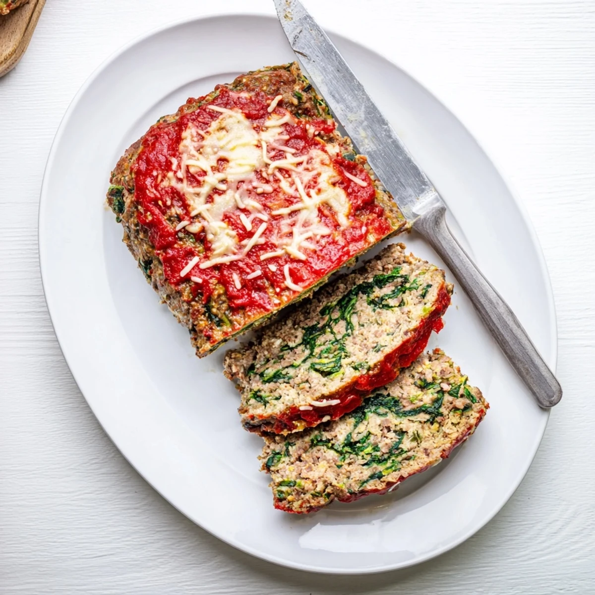 Sliced Italian spinach mozzarella meatloaf served on a white platter with fresh herbs