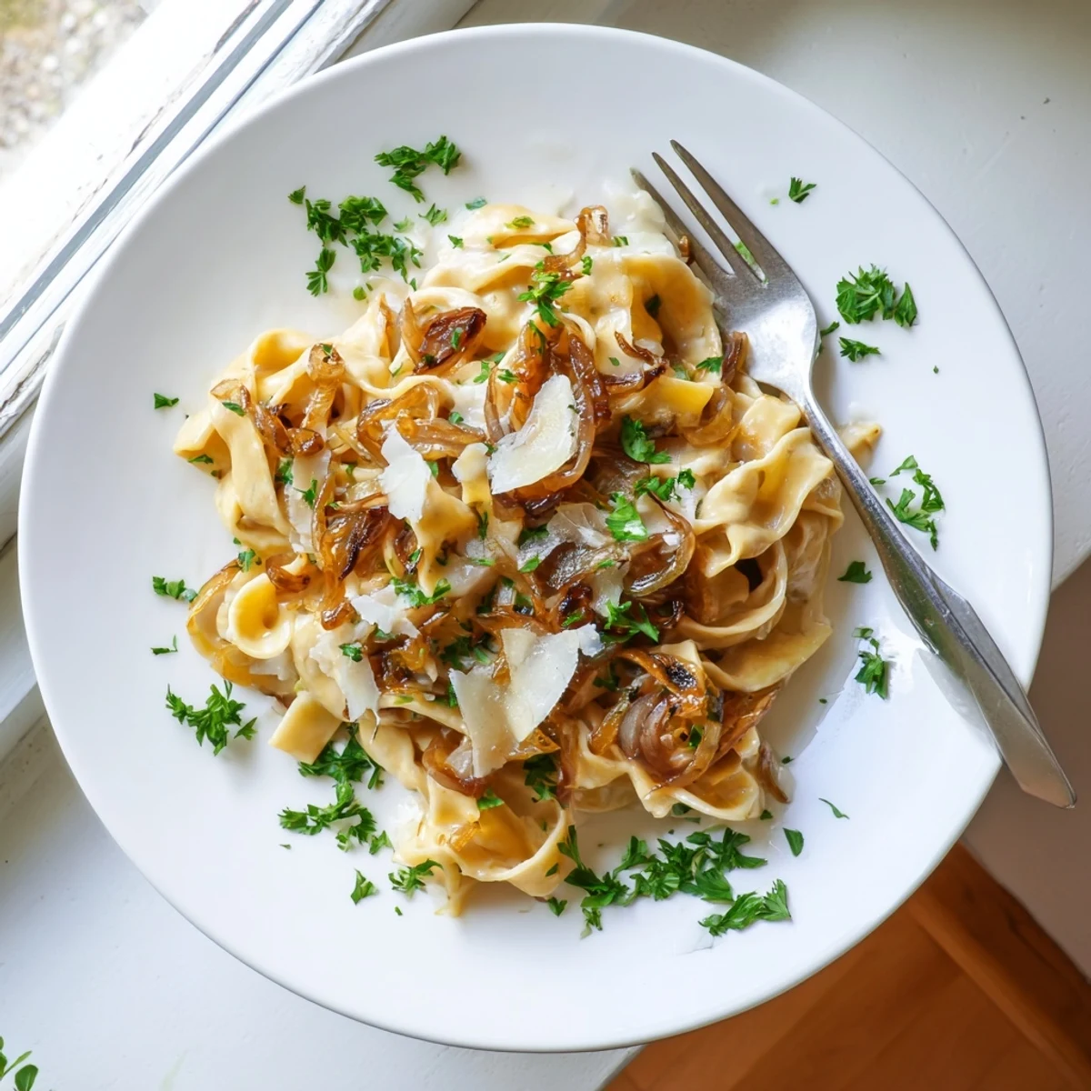 Creamy caramelized onion pasta dish garnished with fresh parsley and extra grated parmesan