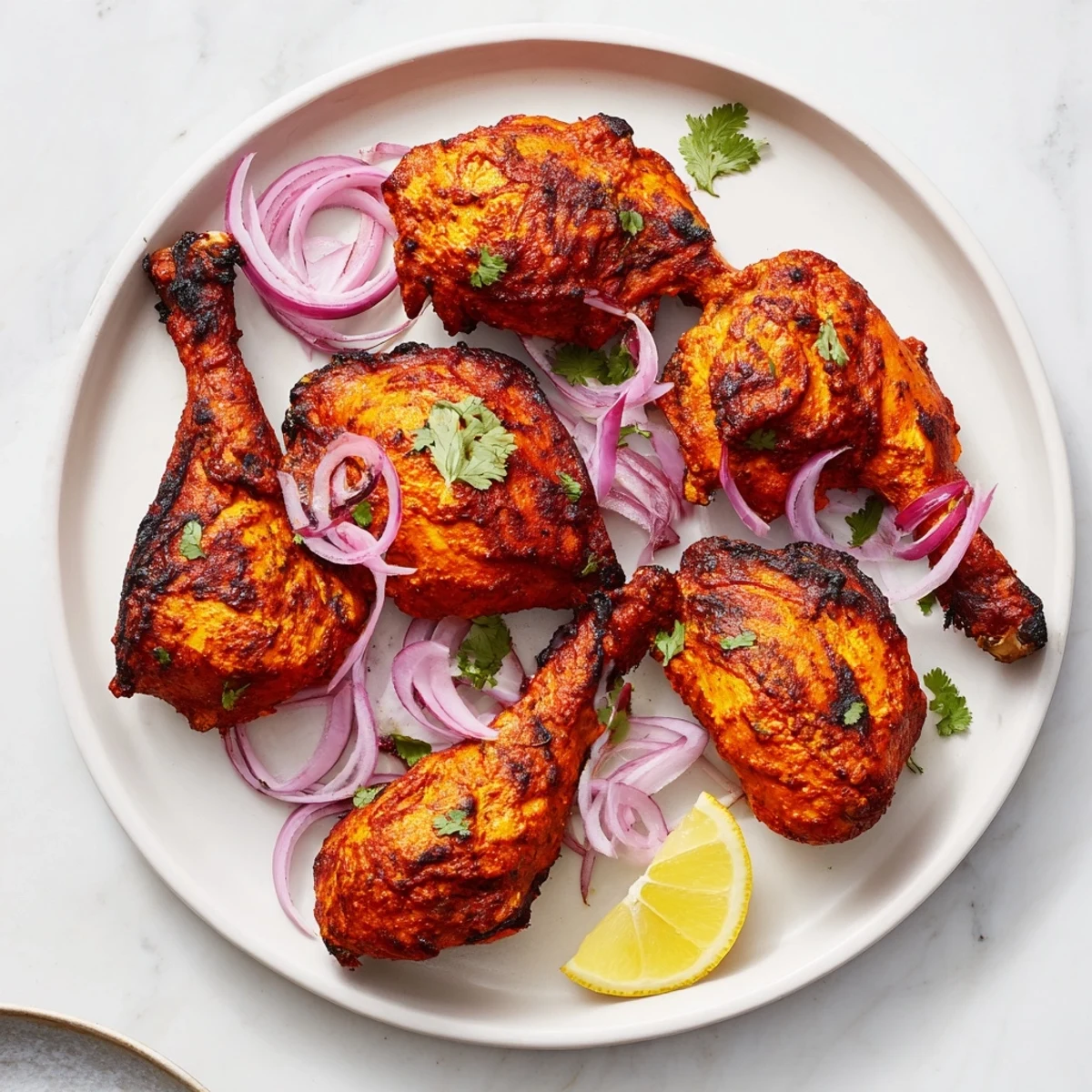 Golden roasted Tandoori Chicken with charred edges garnished with fresh cilantro and red onion slices