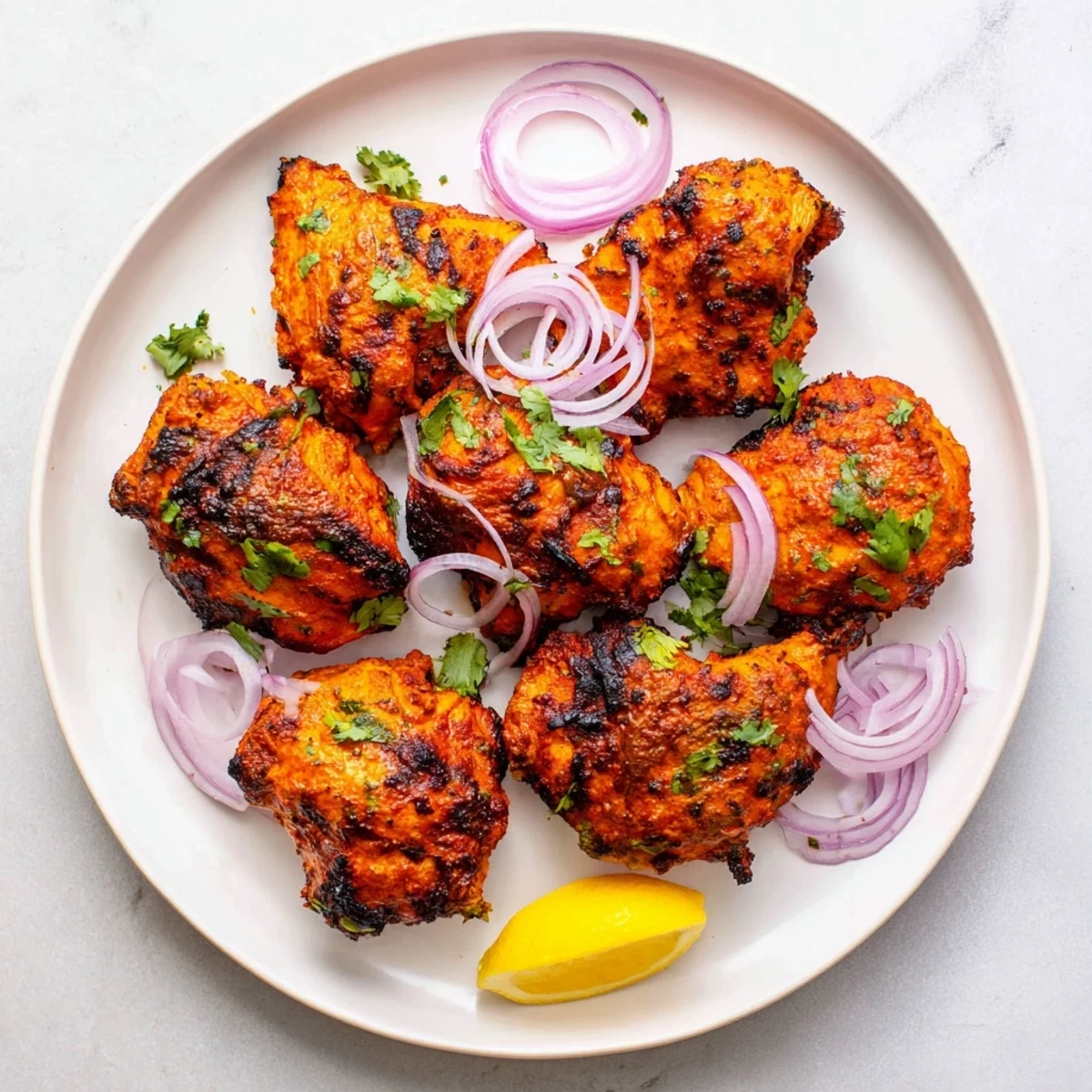 Tender spiced yogurt chicken pieces arranged on a serving plate with lemon wedges and herbs