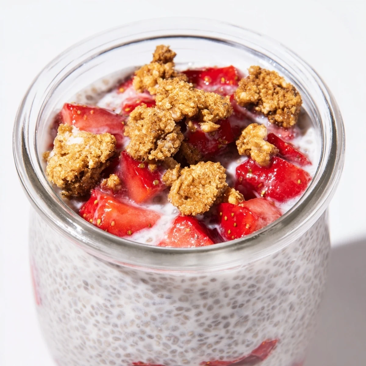 Creamy chia pudding parfait topped with juicy diced strawberries and homemade baked crumble in clear serving glasses