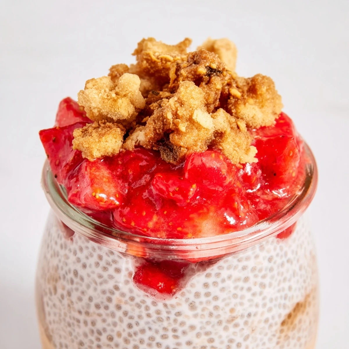 Layered strawberry crumble chia pudding in a glass jar with fresh red berries and golden oat crumble topping
