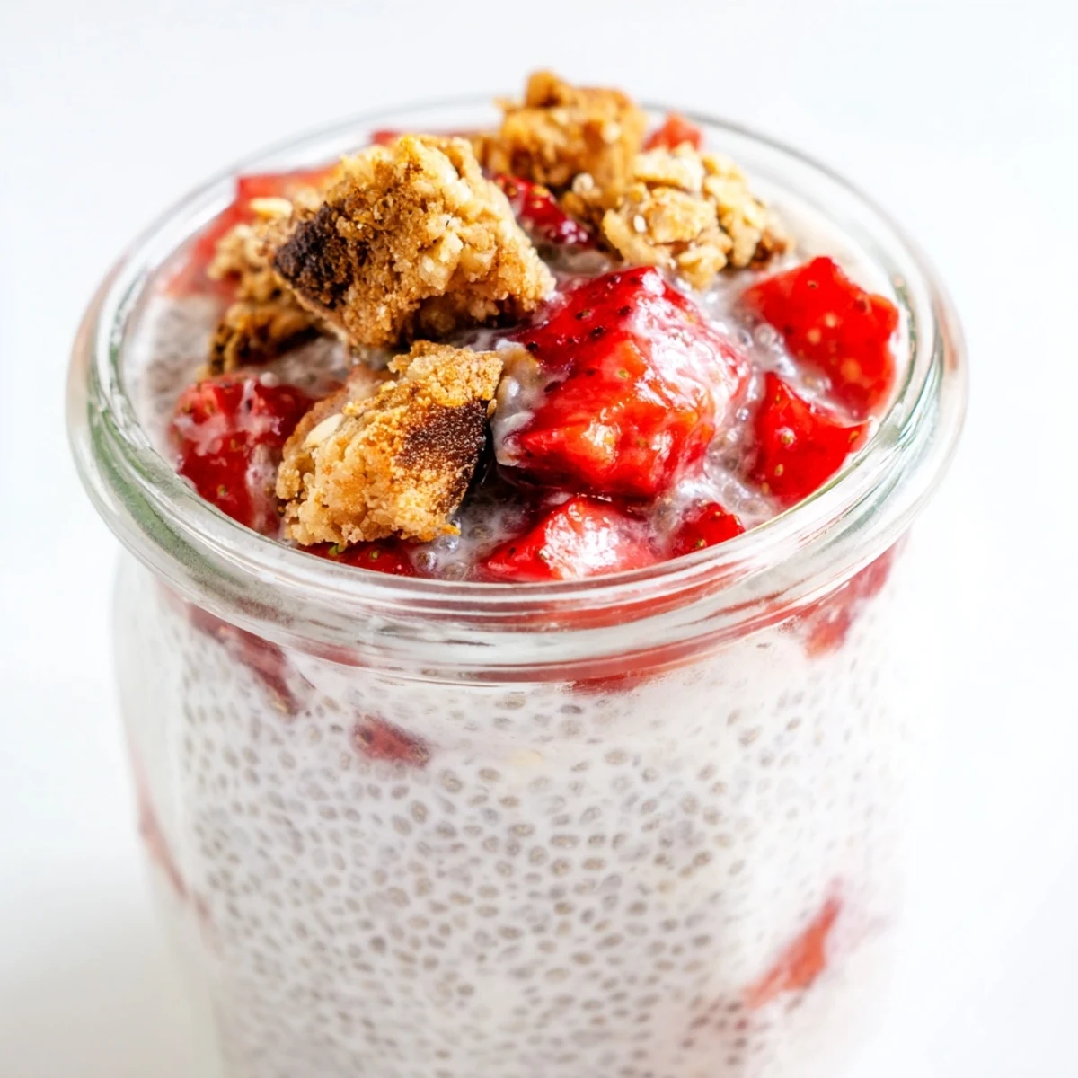 Glass of strawberry crumble chia pudding showing three distinct layers with white spoon ready for serving this healthy dessert