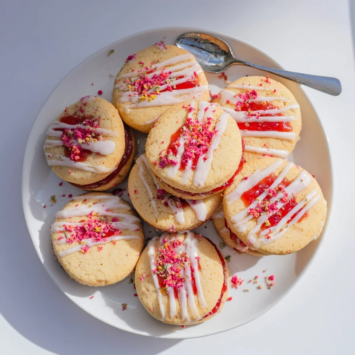 Golden Strawberry Pop Tart Cookies drizzled with white vanilla glaze and colorful sprinkles on a white plate