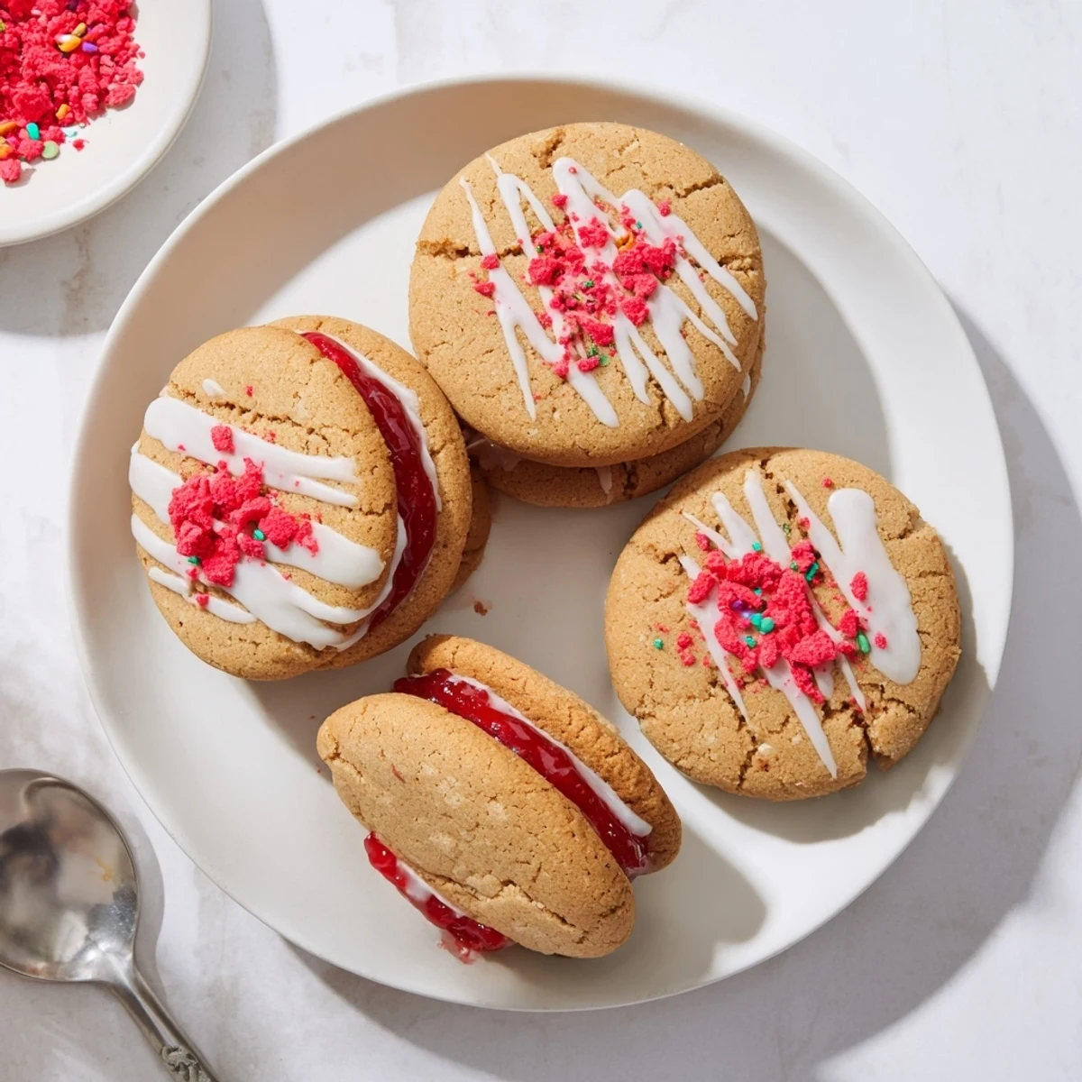Freshly baked soft sugar cookies filled with bright red strawberry jam topped with sweet icing and crushed freeze-dried strawberries