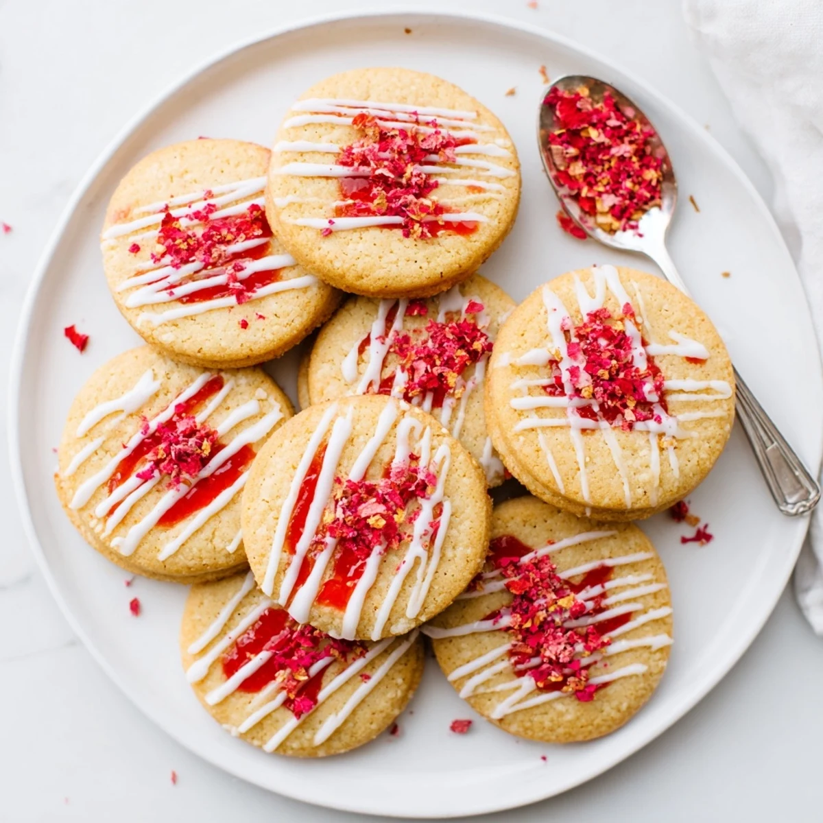 Stack of homemade Strawberry Pop Tart Cookies with oozing fruit filling and piped glaze garnish on a wooden board