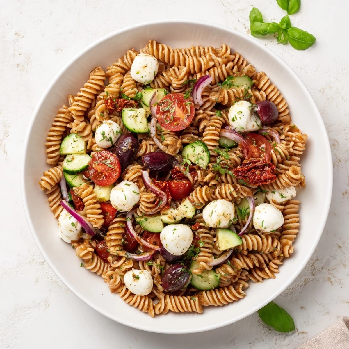 Gluten Free Italian Pasta Salad Recipe with vibrant tomatoes, basil, and chilled dressing
