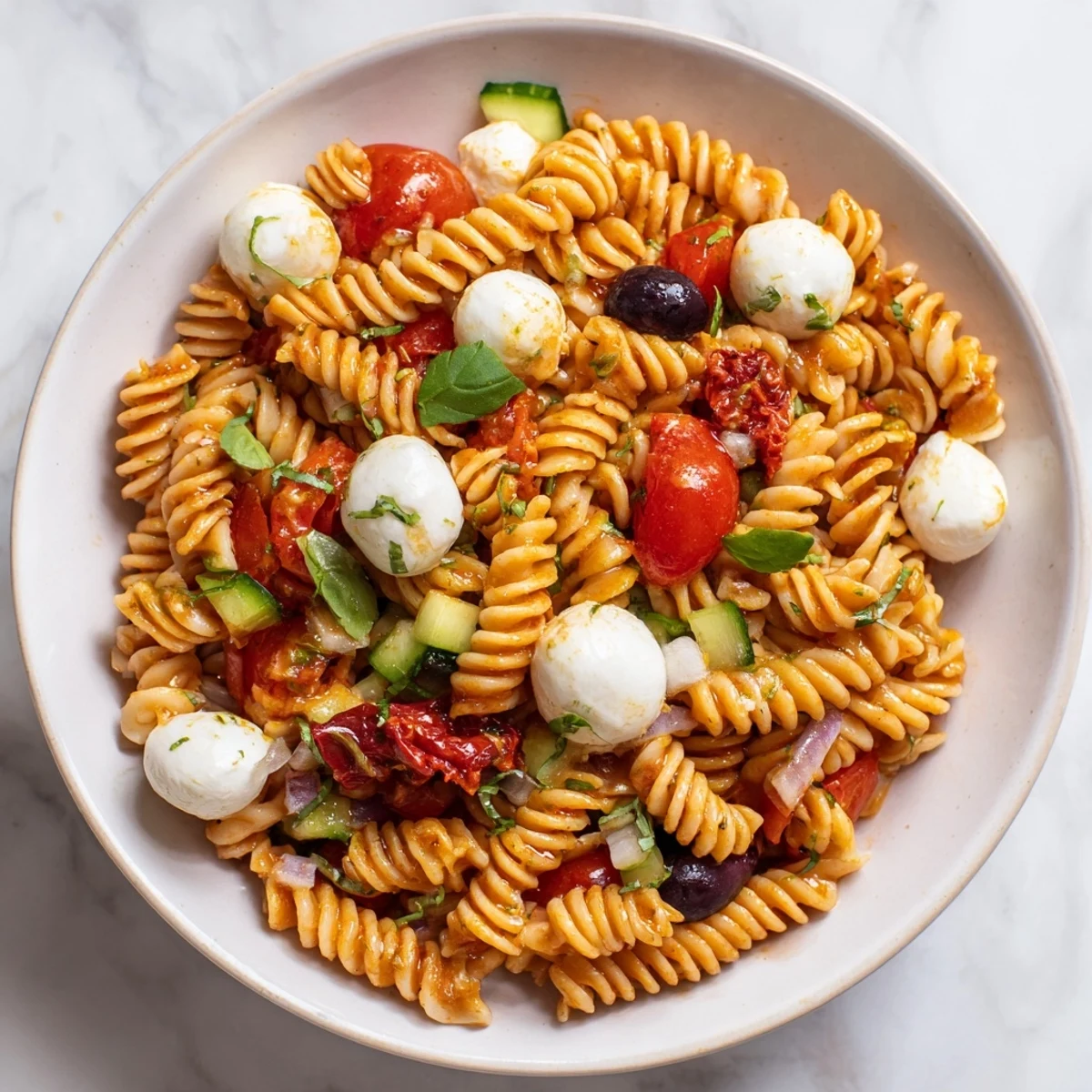 Close-up of Gluten Free Italian Pasta Salad Recipe tossed with olive oil, herbs