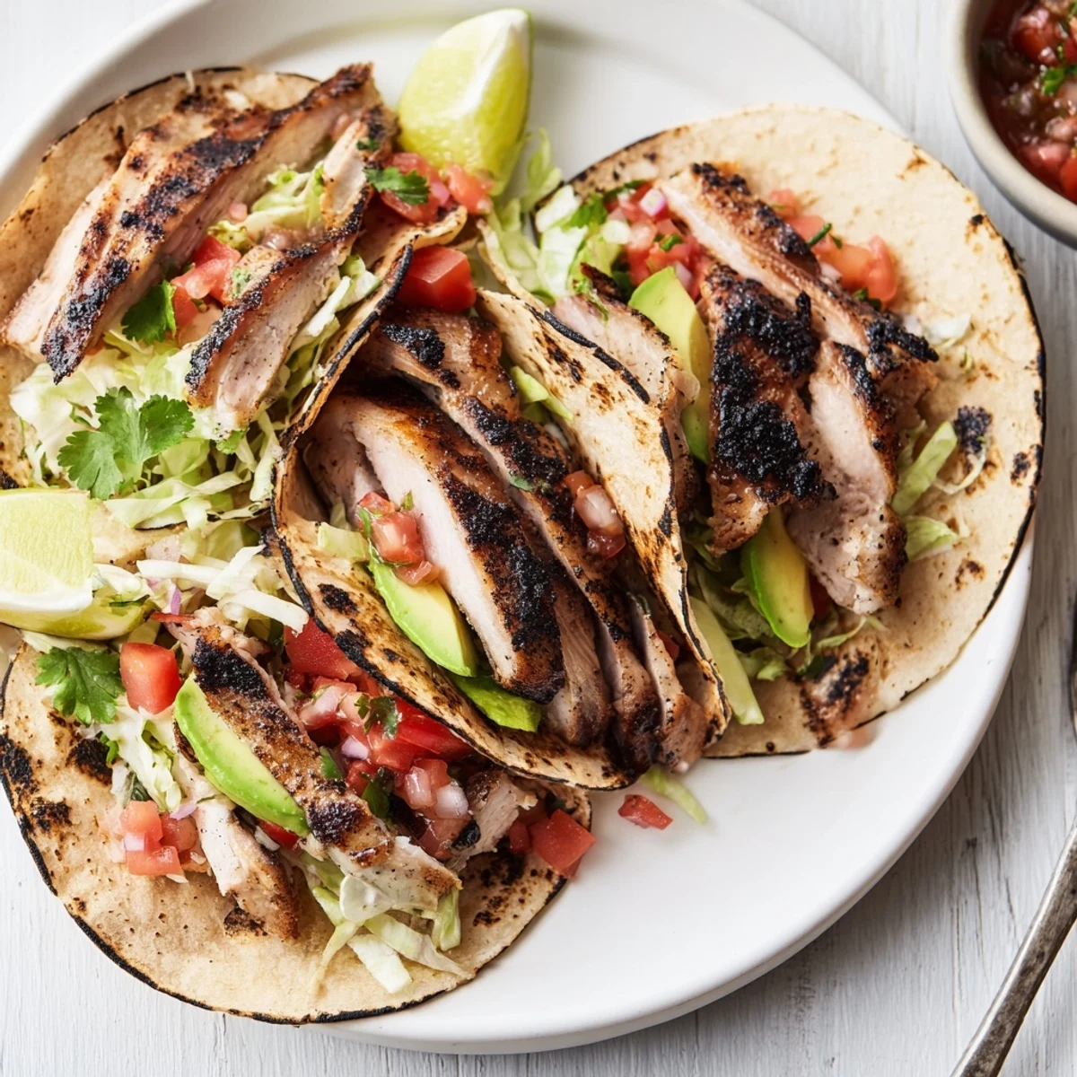 Charcoal Grilled Tacos Recipe: charred tortillas topped with juicy marinated chicken and avocado