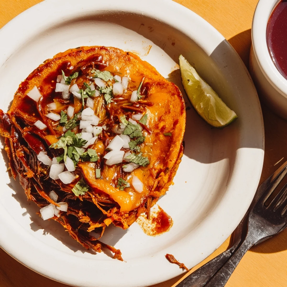 Plated Super Crispy Birria Tacos Recipe served with cilantro, diced onion, lime wedges