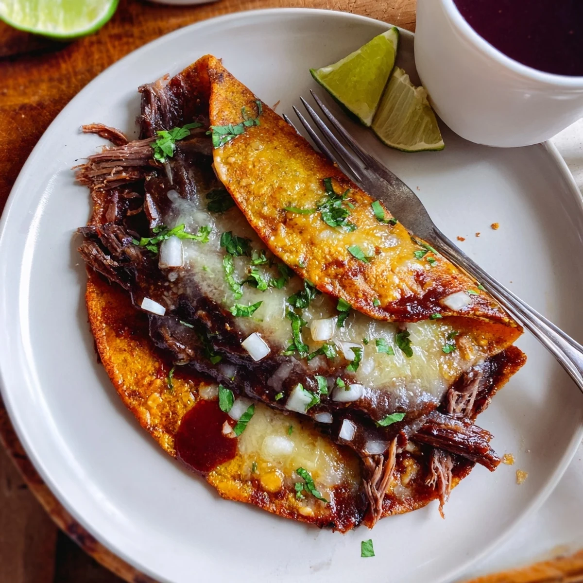 Sizzling Super Crispy Birria Tacos Recipe beside bowl of rich consommé for dipping