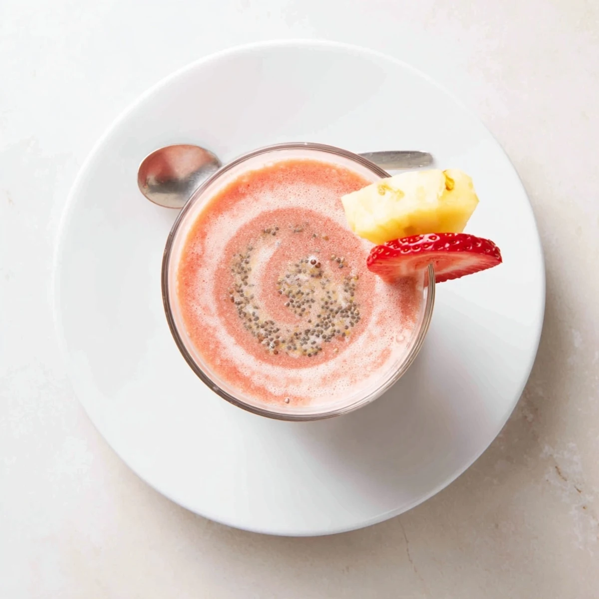Strawberry Pineapple Smoothie poured into chilled glass, creamy and tropical