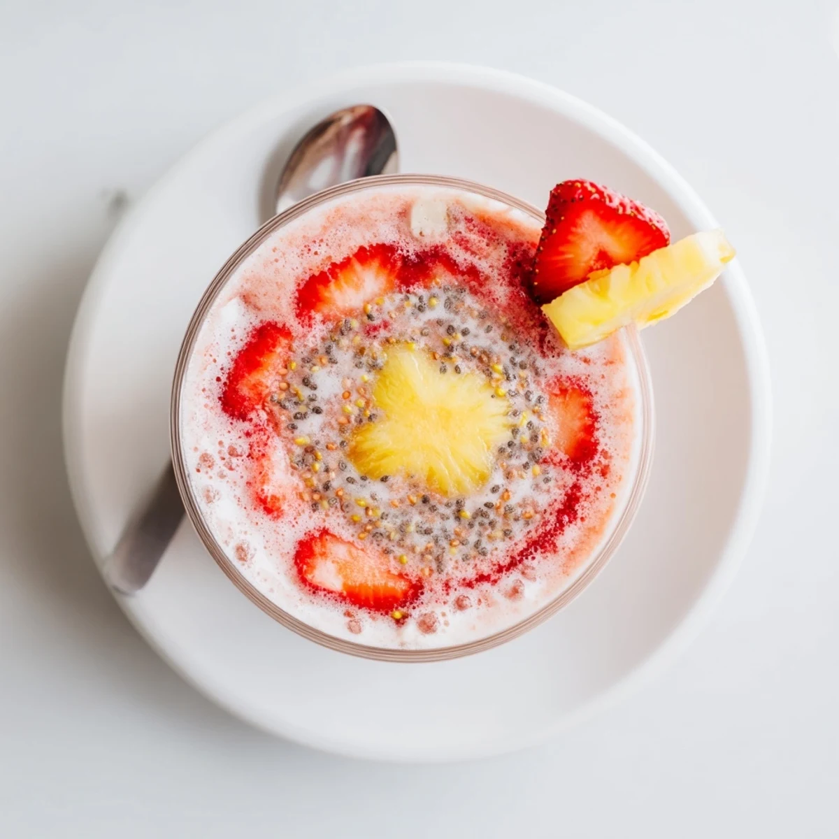 Refreshing Strawberry Pineapple Smoothie with icy texture, served with fresh mint