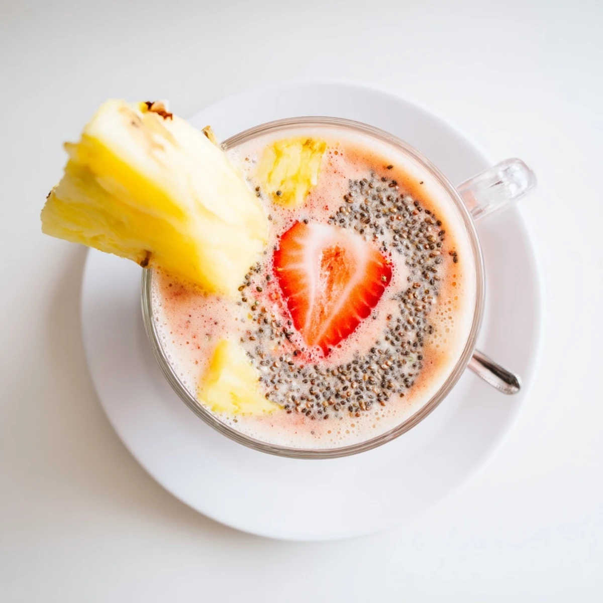 Thick Strawberry Pineapple Smoothie perfect for breakfast, topped with chia seeds
