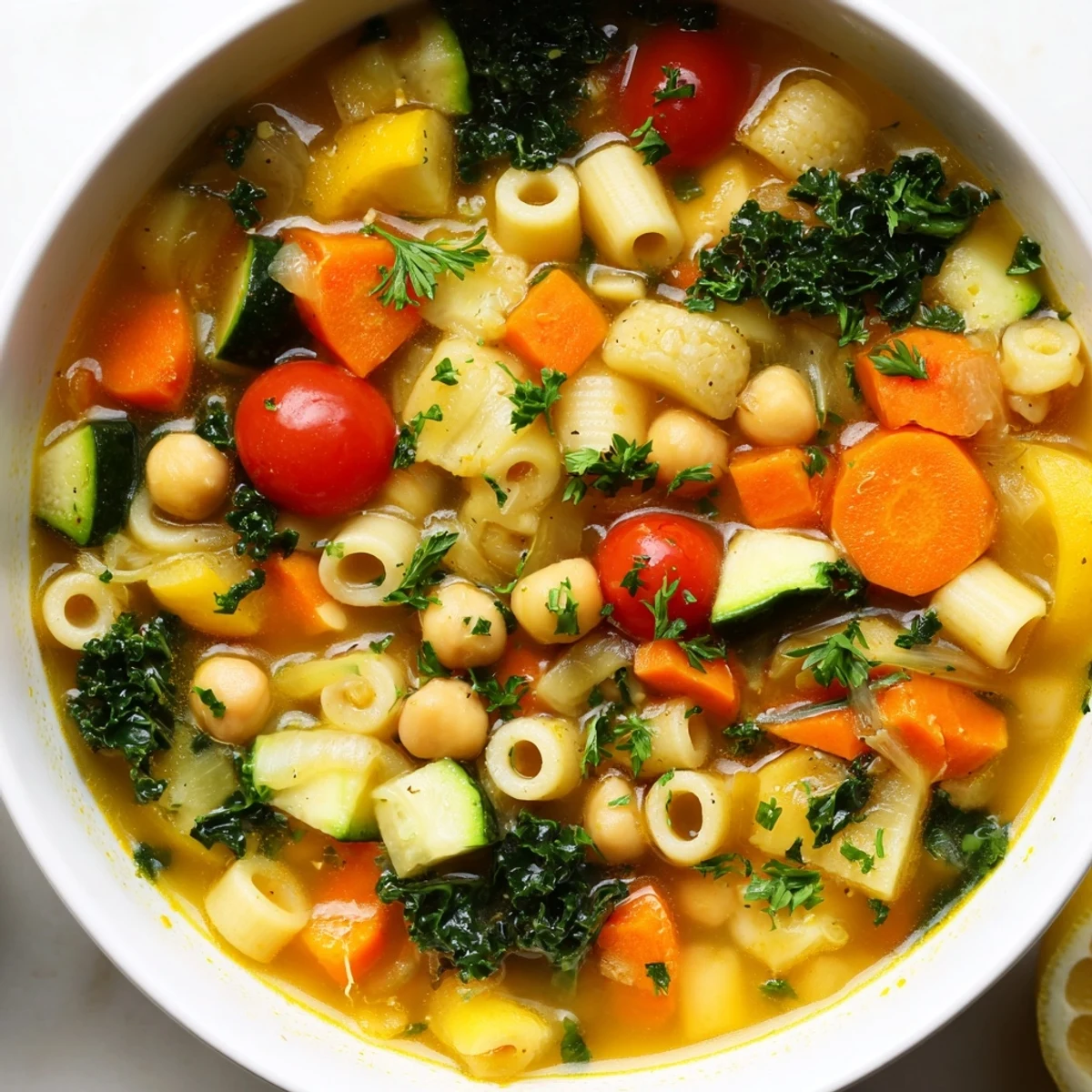Steaming bowl of Vegan Italian Penicillin Soup brimming with colorful vegetables and tender pasta
