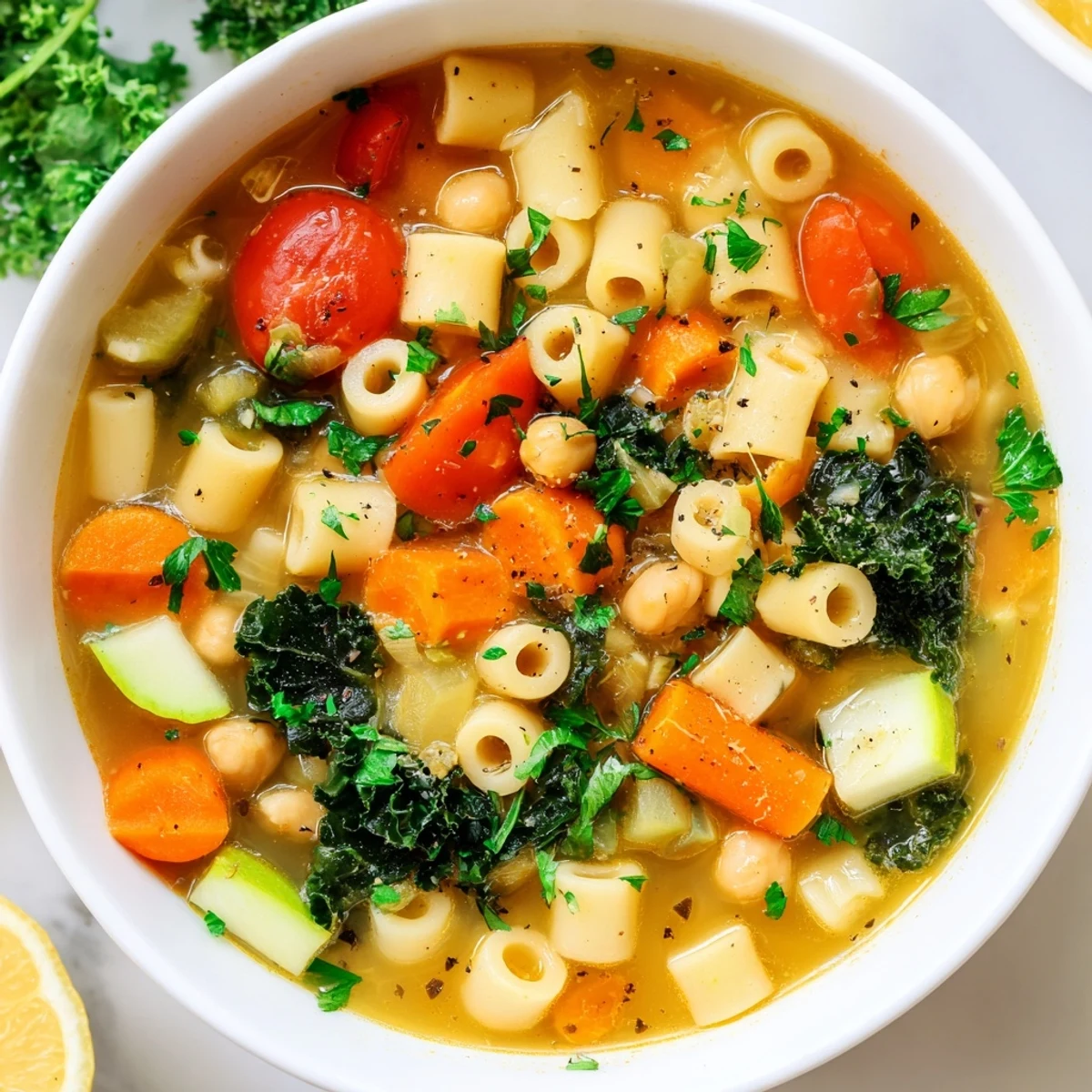 Vegan Italian Penicillin Soup ladled into a rustic bowl with fresh parsley and crusty bread