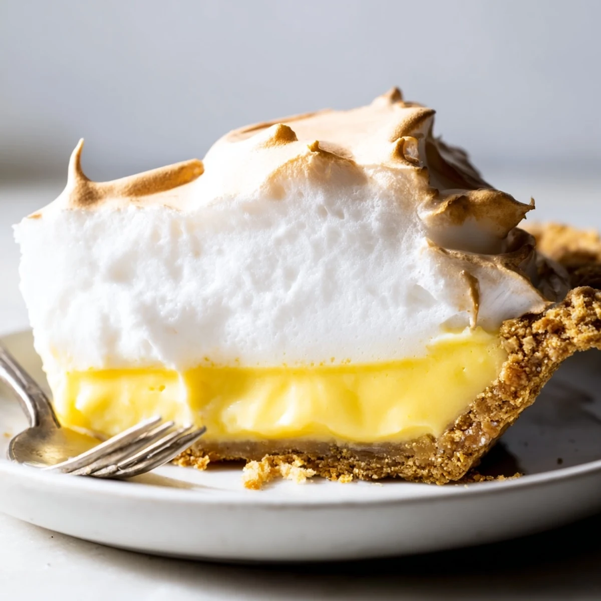 Creamy lemon pie with golden meringue toasted on a graham cracker crust