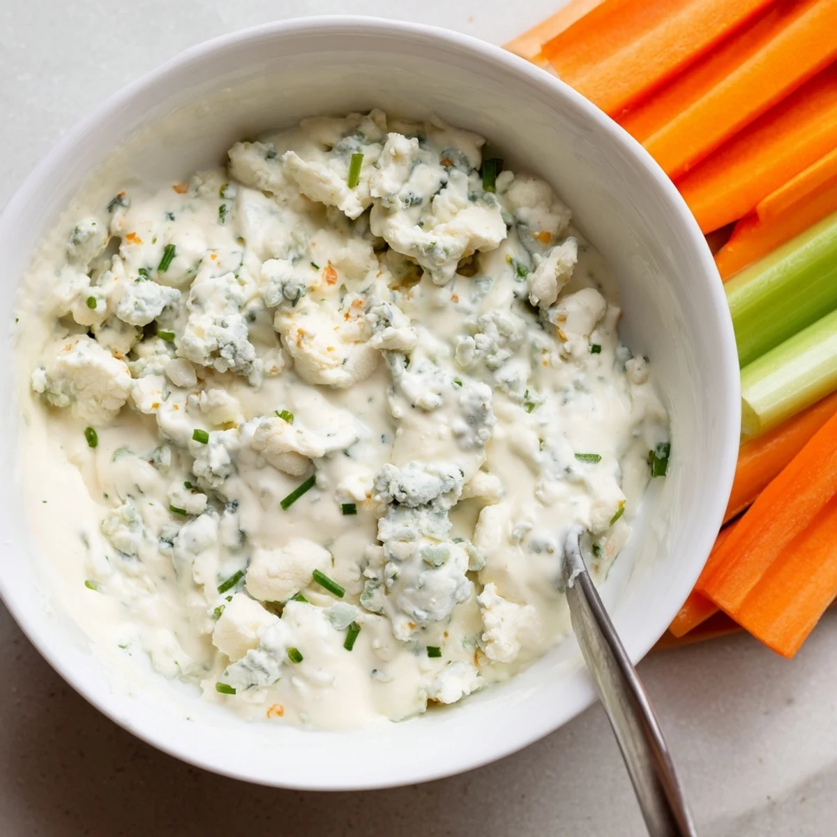Creamy blue cheese dip served in a bowl with crisp celery and carrot sticks
