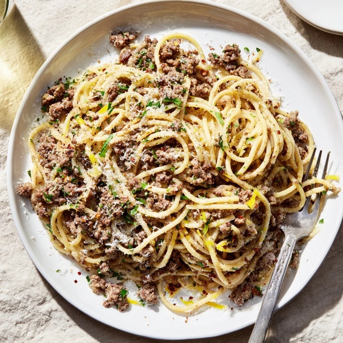 Garlic Butter Pasta With Ground Beef topped with fresh parsley and Parmesan cheese