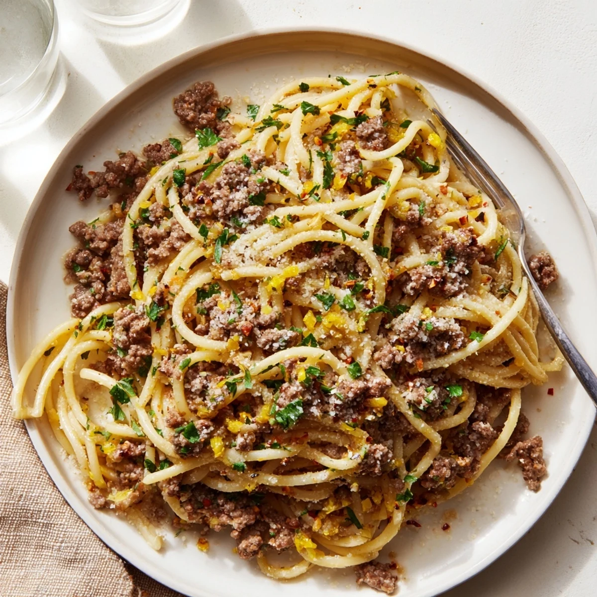 Steaming plate of Garlic Butter Pasta With Ground Beef coated in rich garlic butter sauce