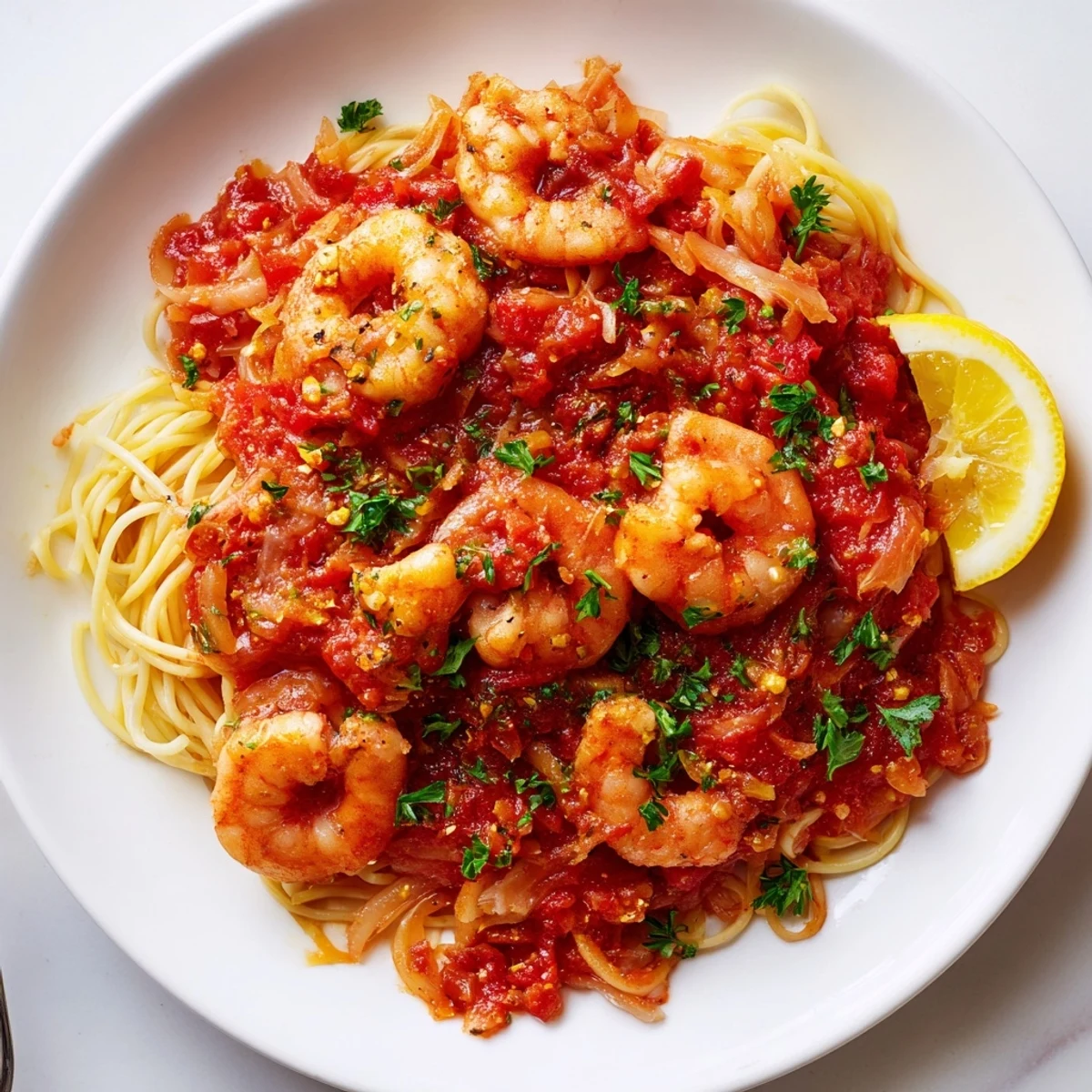 Plump shrimp fra diavolo simmered in a fiery red tomato sauce with fresh parsley