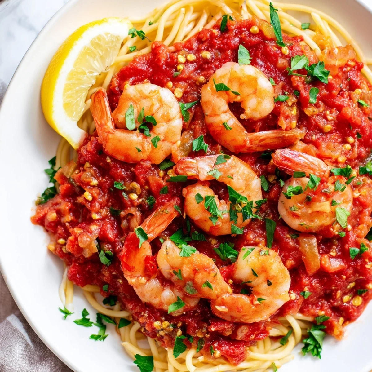 Spicy shrimp fra diavolo served over tender spaghetti with a rich crimson sauce