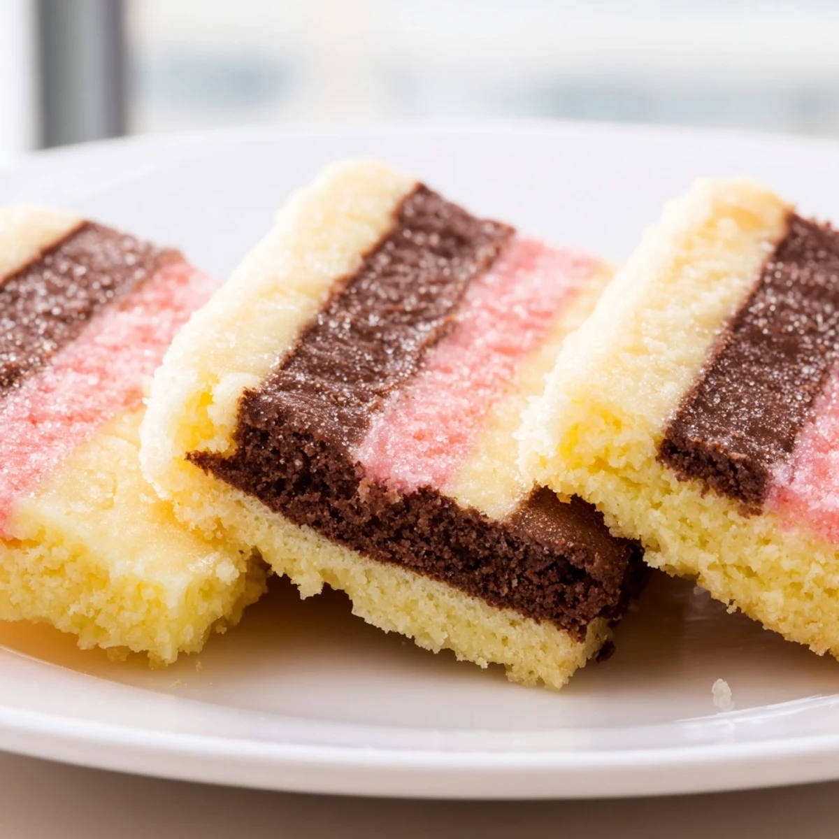 Tri-color Neapolitan Cookies stacked showing rich chocolate, creamy vanilla, and pink strawberry dough