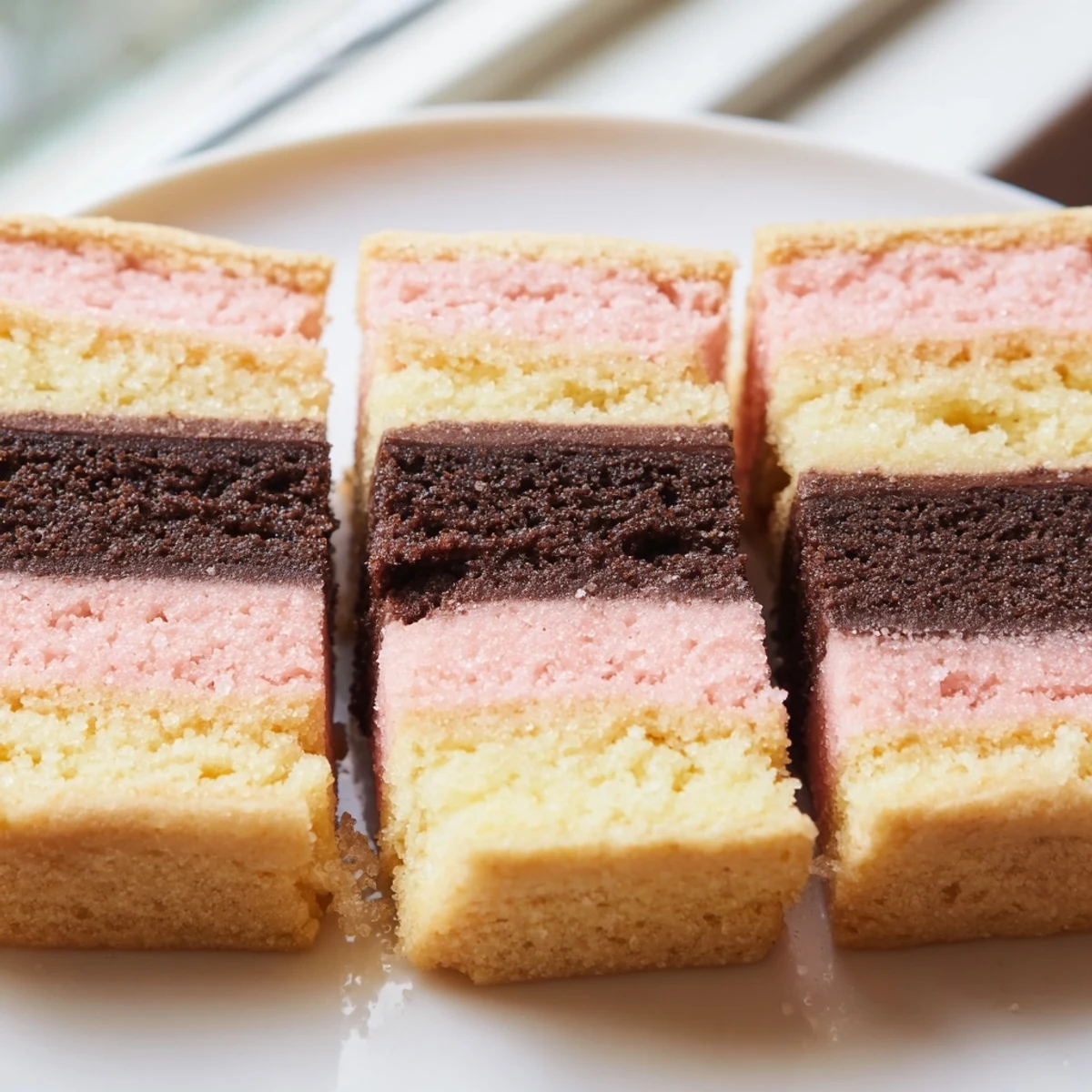 Colorful Neapolitan Cookies with chocolate, vanilla, and strawberry layers sliced and arranged on parchment
