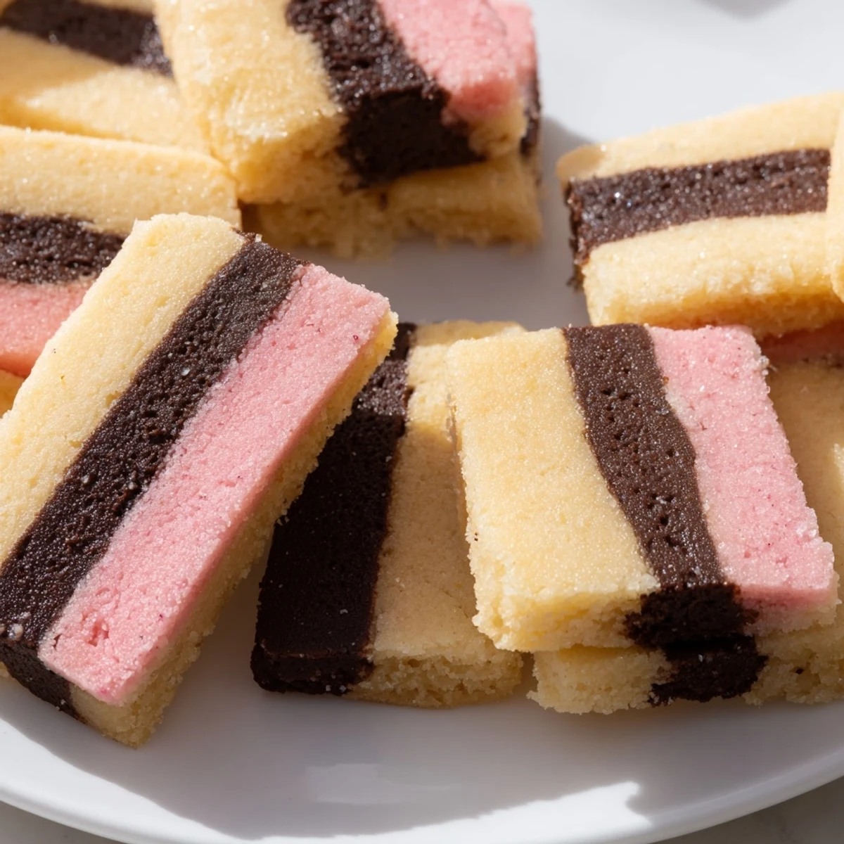 Golden-baked Neapolitan Cookies displayed on a wire rack with distinct layered swirls