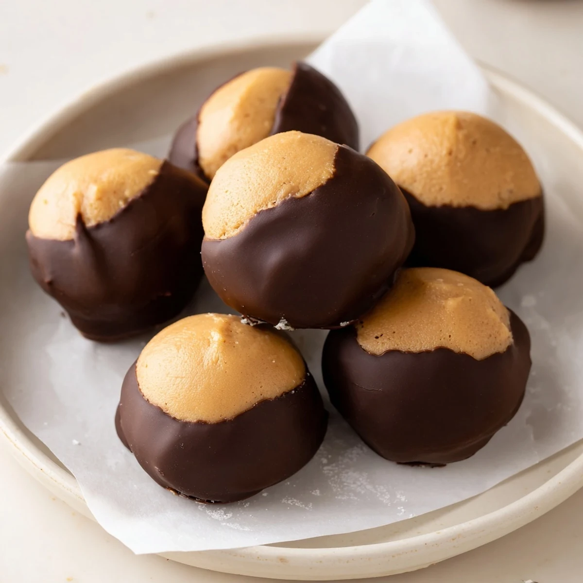 Golden buckeye cookies with creamy peanut butter centers peek through rich chocolate coatings on a rustic baking sheet