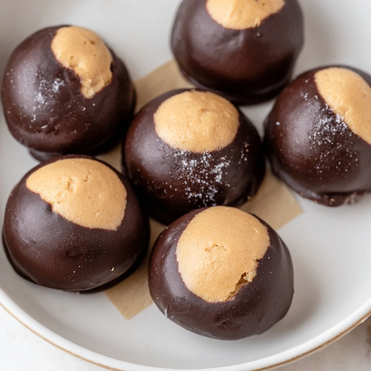Smooth chocolate-dipped buckeye cookies arranged on parchment showcase the classic partially coated peanut butter ball design