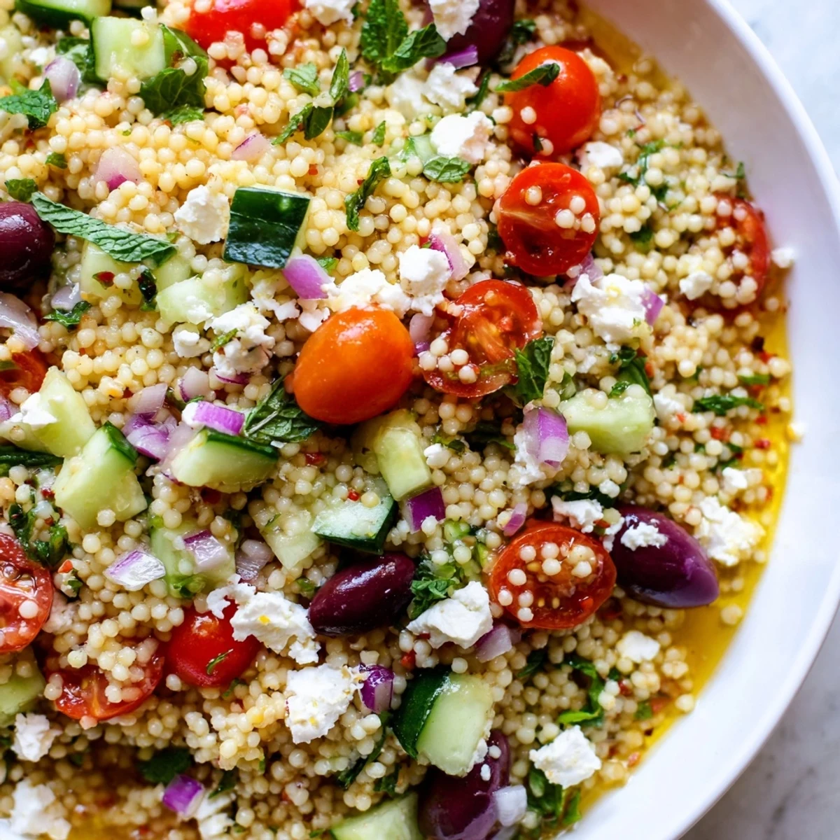 A vibrant Mediterranean couscous salad glistening with golden hot honey lemon vinaigrette in a rustic serving bowl