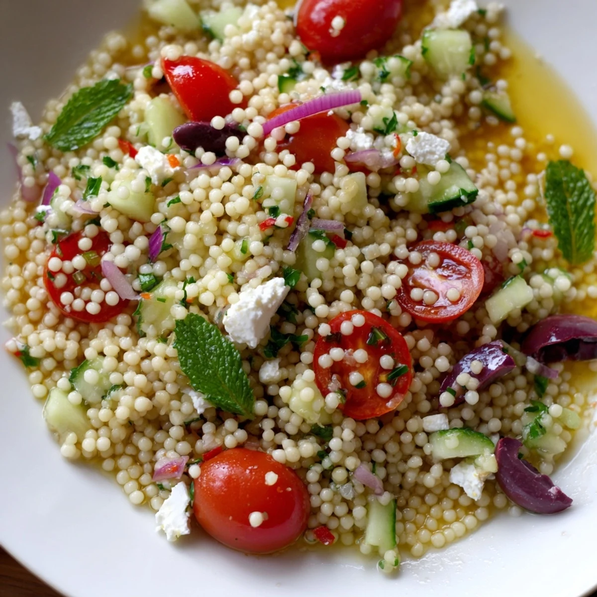 Fluffy couscous tossed with ripe tomatoes, briny olives, and crumbled feta drizzled with spicy-sweet vinaigrette
