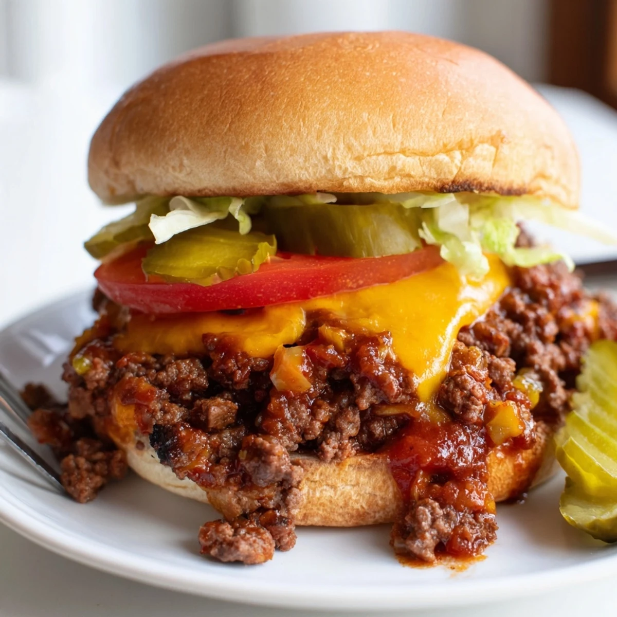 Smash Burger Sloppy Joes topped with pickles and lettuce on a toasted hamburger bun