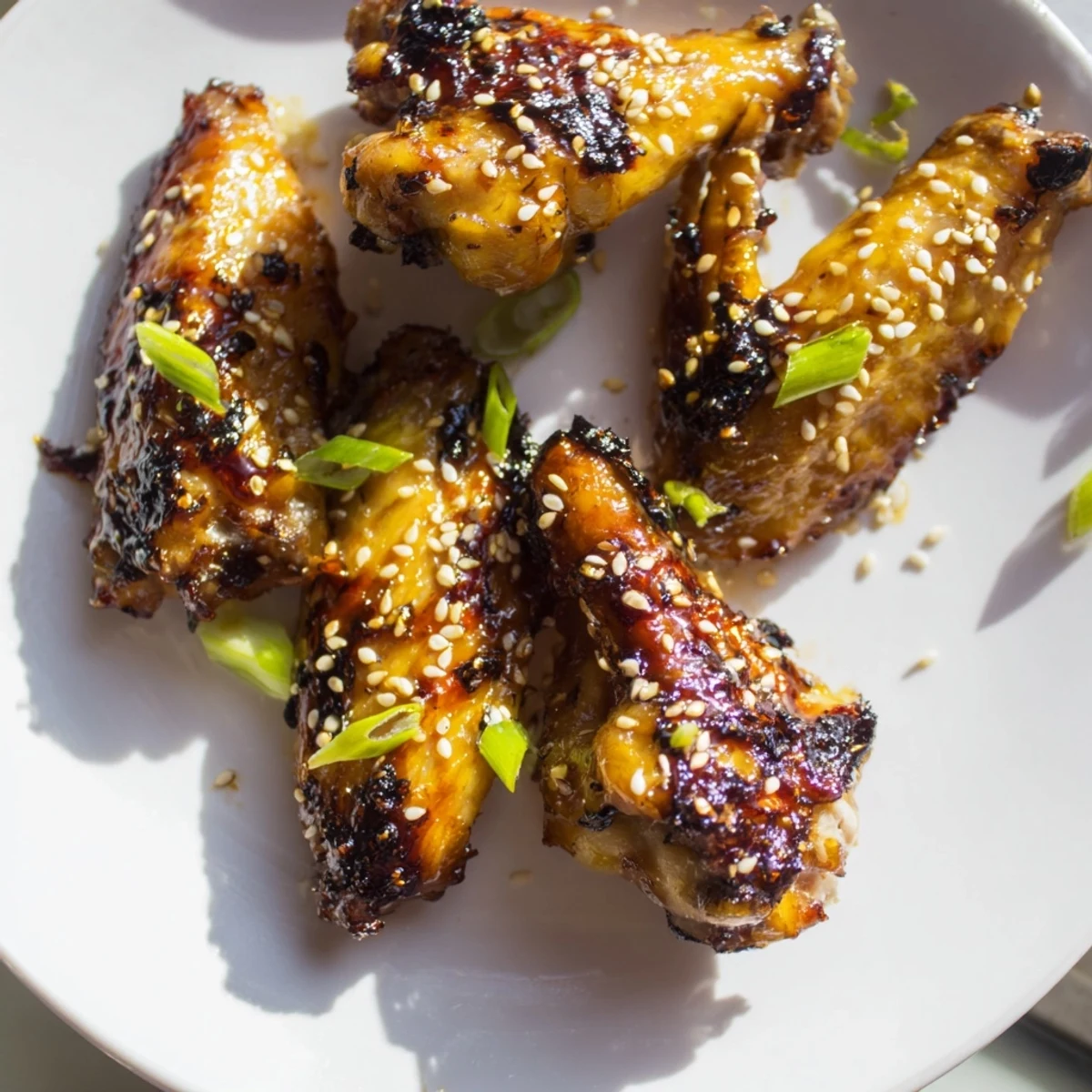 Crispy miso honey marinated chicken wings glistening with a golden caramelized glaze on a rustic platter