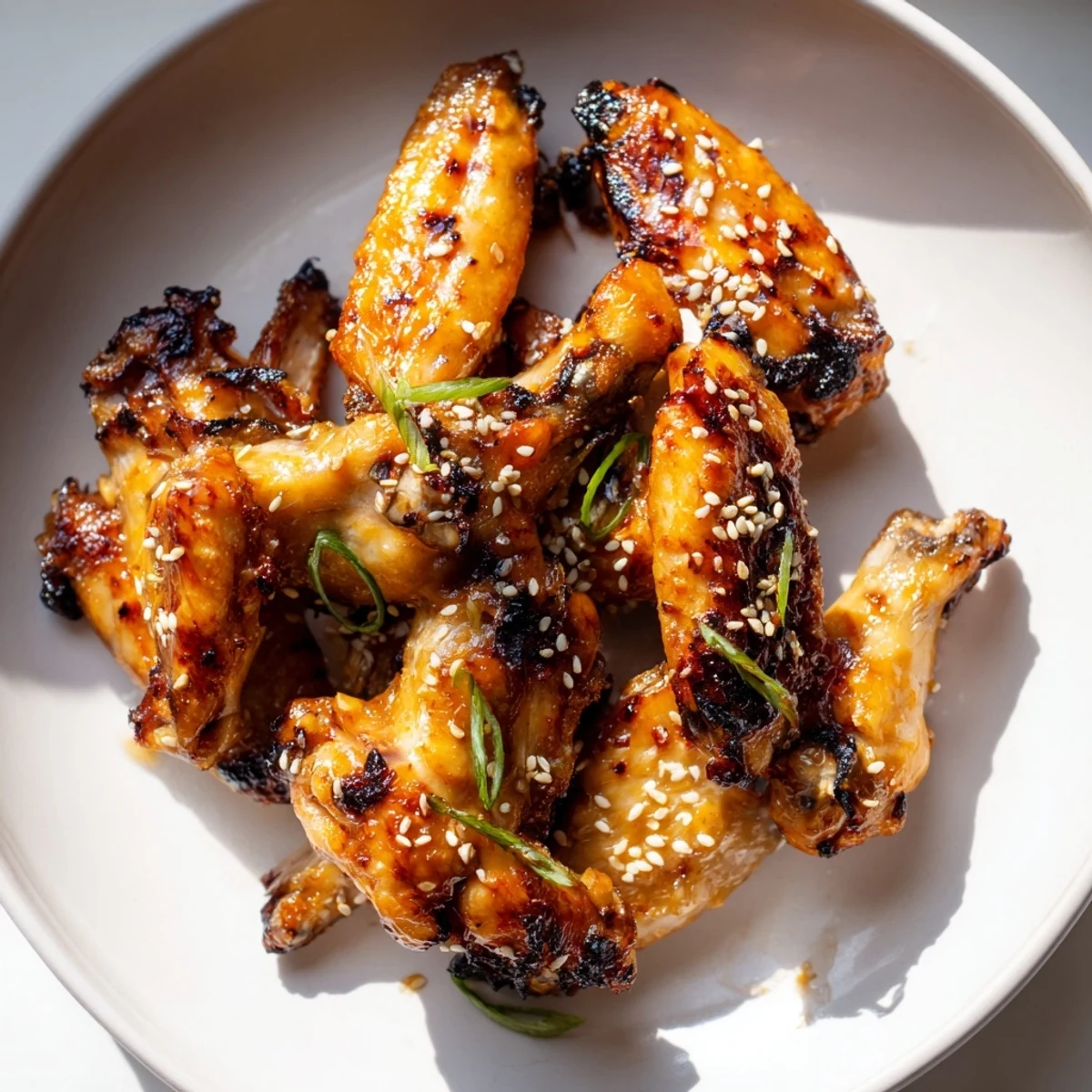 Juicy miso honey marinated chicken wings topped with sesame seeds and green onions ready for serving