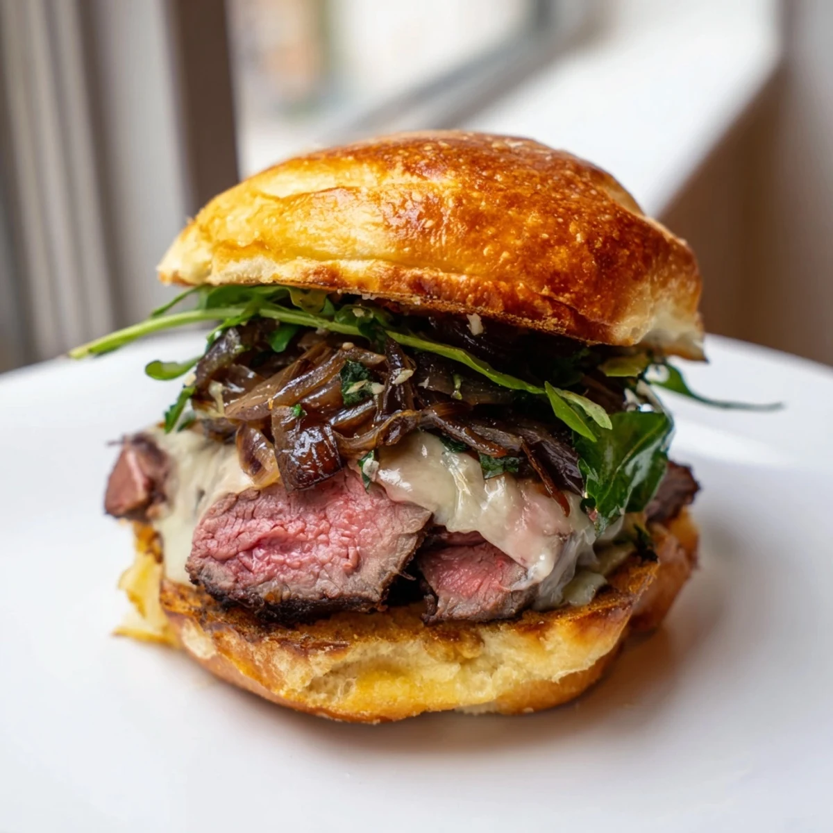 Tender filet mignon sliders nestled in warm garlic parmesan rolls topped with caramelized onions