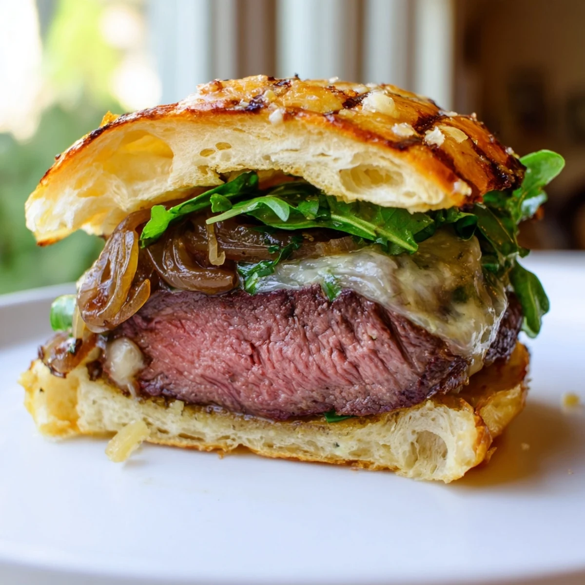 Juicy filet mignon sliders on golden garlic parmesan rolls with melted cheese and arugula