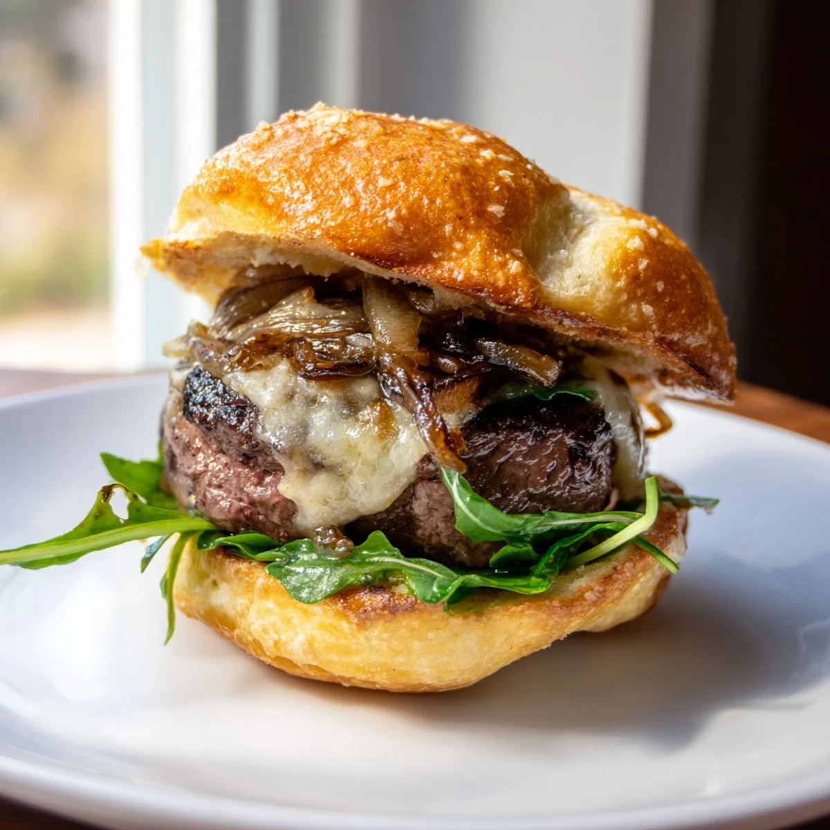 Savory filet mignon sliders served on toasted garlic parmesan rolls with fresh greens and provolone